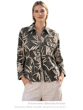 Neutral Botanical Zip Jacket Minimalist Coastal Lightweight Stretch M